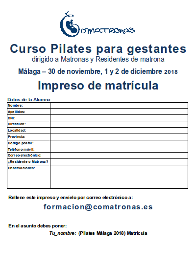 Matricula curso pilates para matronas Málaga 2018